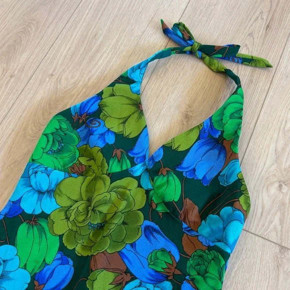 Vintage 70’s Blue Floral Halter Neck Handmade Maxi Dress Groovy Hippie Festival - Picture 3 of 10